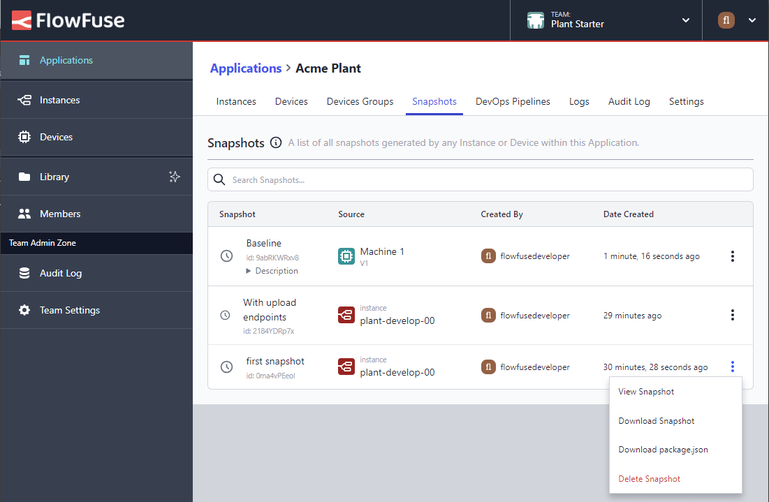 Application Snapshots Table Menu