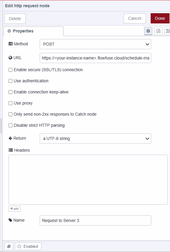 "Screenshot displaying http request nodes configuration for sending post request to server 3"